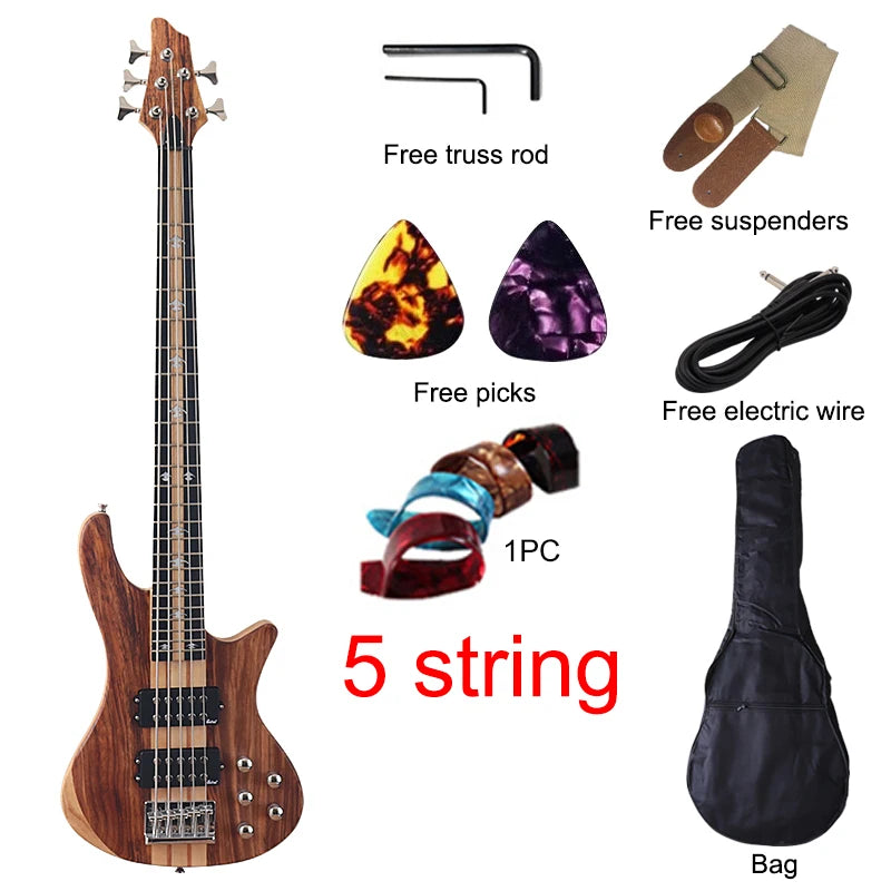 Active 5 String Electric Bass Guitar with Free Bag