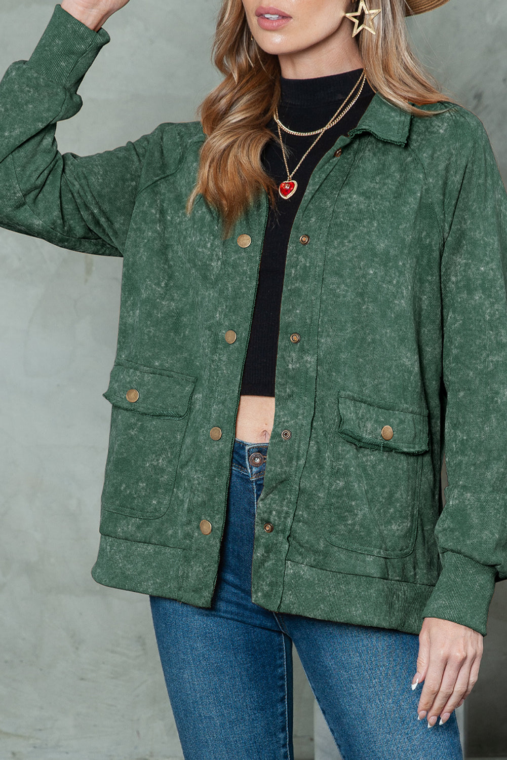 Gray Snap Button Casual Flap Pockets Washed Jacket