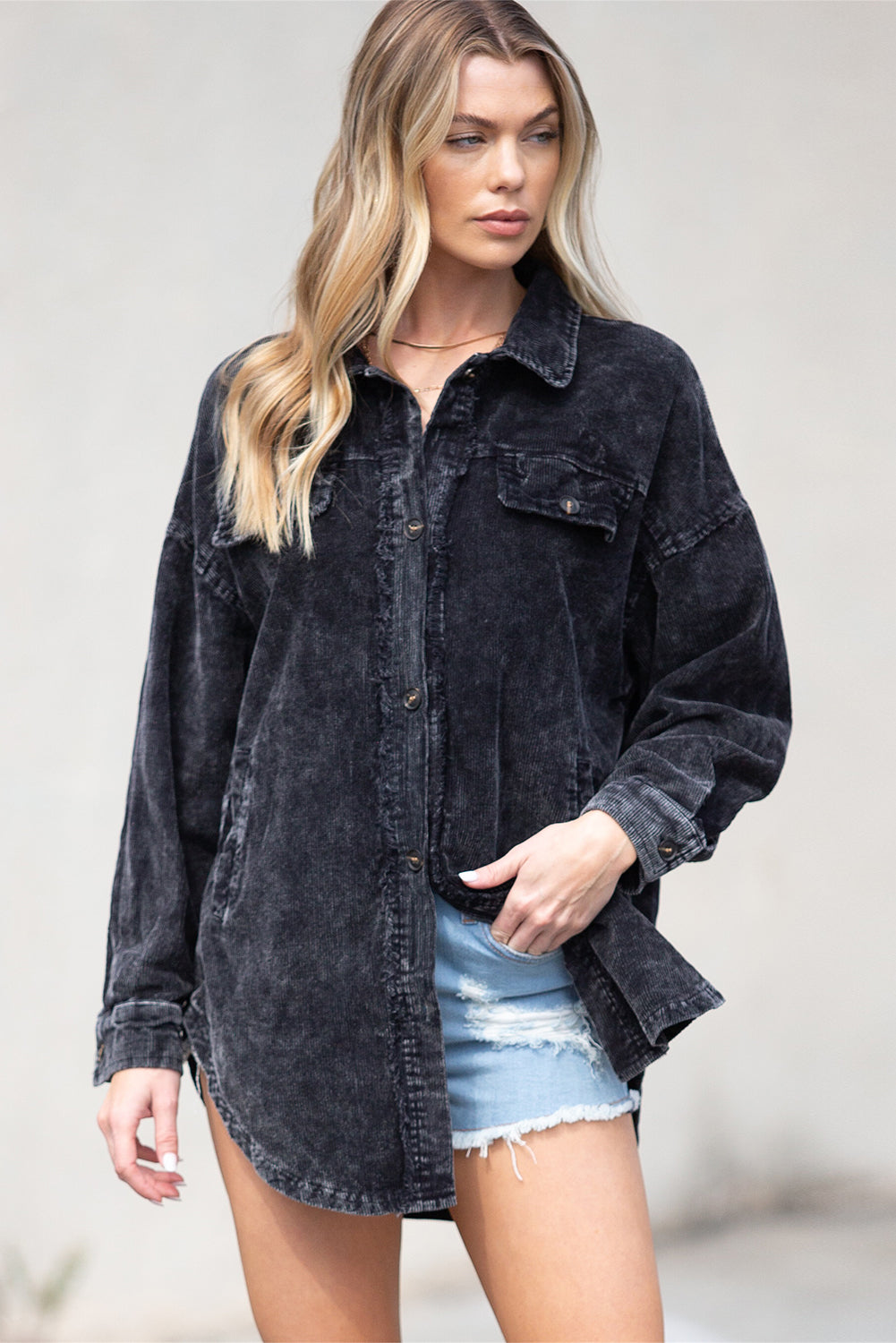 Khaki Vintage Distressed Mineral Wash Oversized Shacket