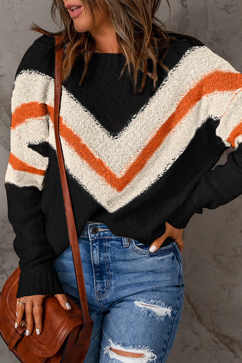 Chevron Striped Drop Shoulder Long Sleeve Pullover Sweater