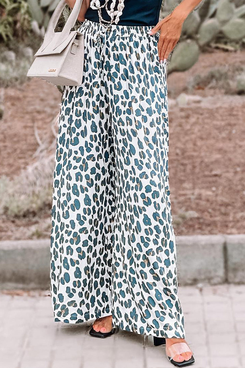 White Leopard Print Casual Drawstring Pocketed Wide Leg Pants
