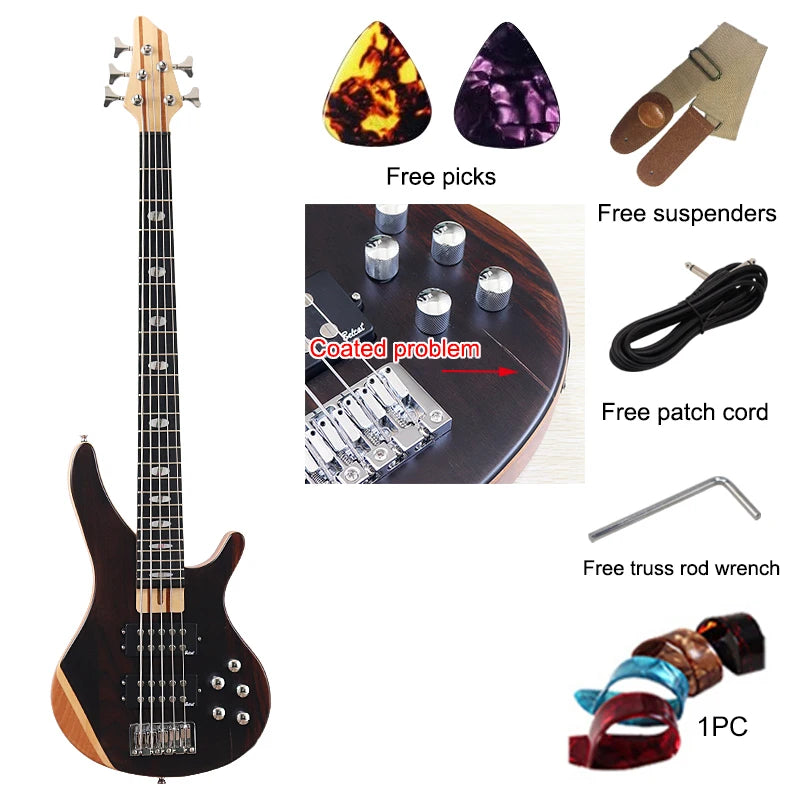 5 Strings Electric Bass Guitar 43inch Zebrawood Top Solid Okoume Wood Body Bass Guitar
