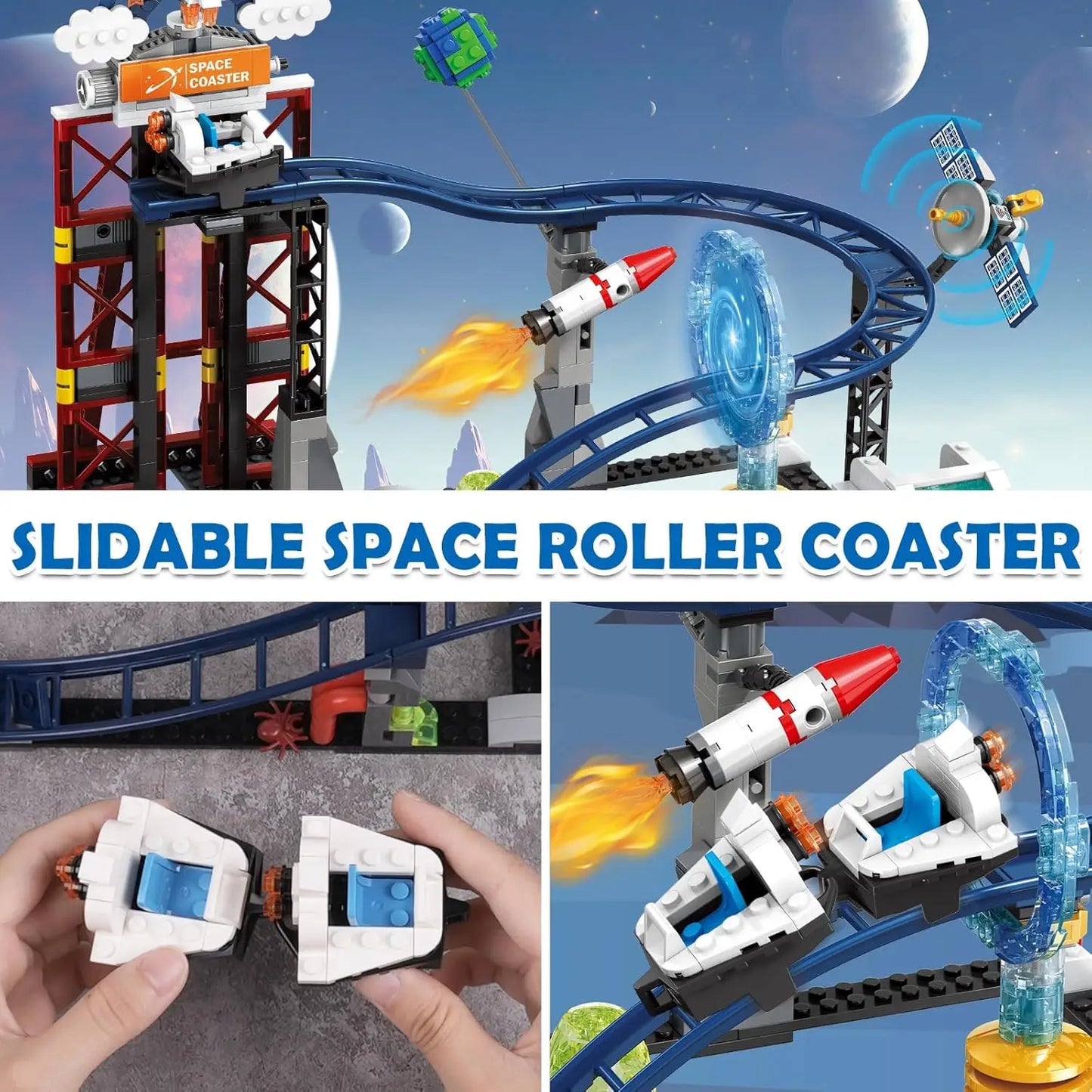 HOGOKIDS Space Roller Coaster Building Toy-888PCS Building Set Features Lift Platform, Satellites, Rocket Buildable Park