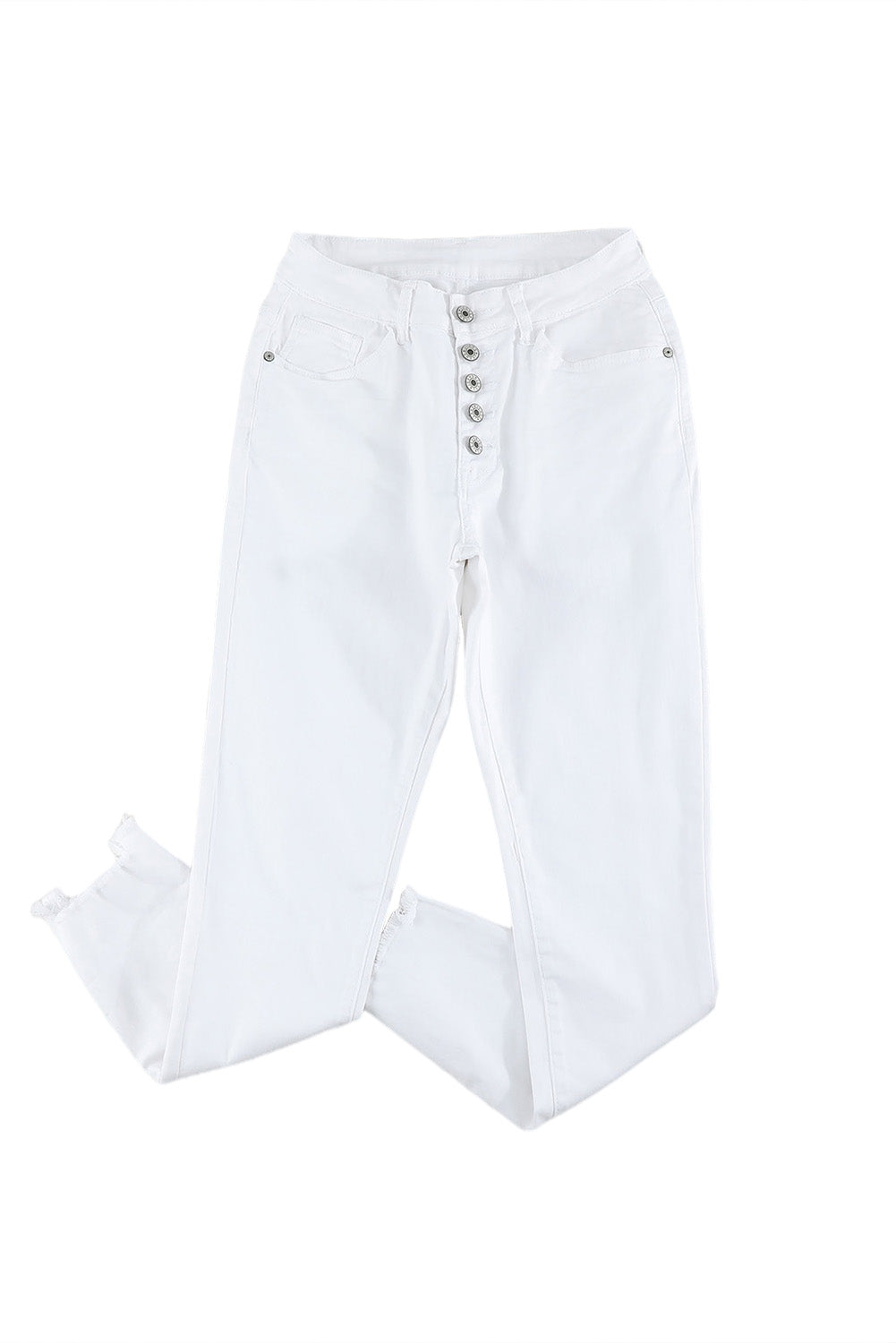 White Plain Buttons Frayed Raw Hem High Waist Denim Jeans