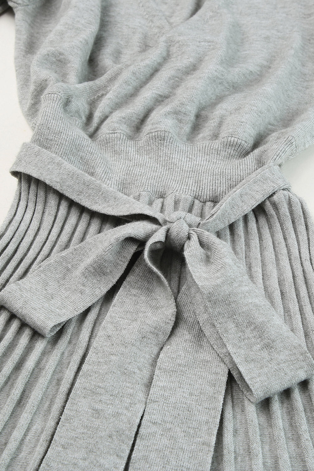 Brown Belted Wrap V Neck Ribbed Pleated Sweater Dress