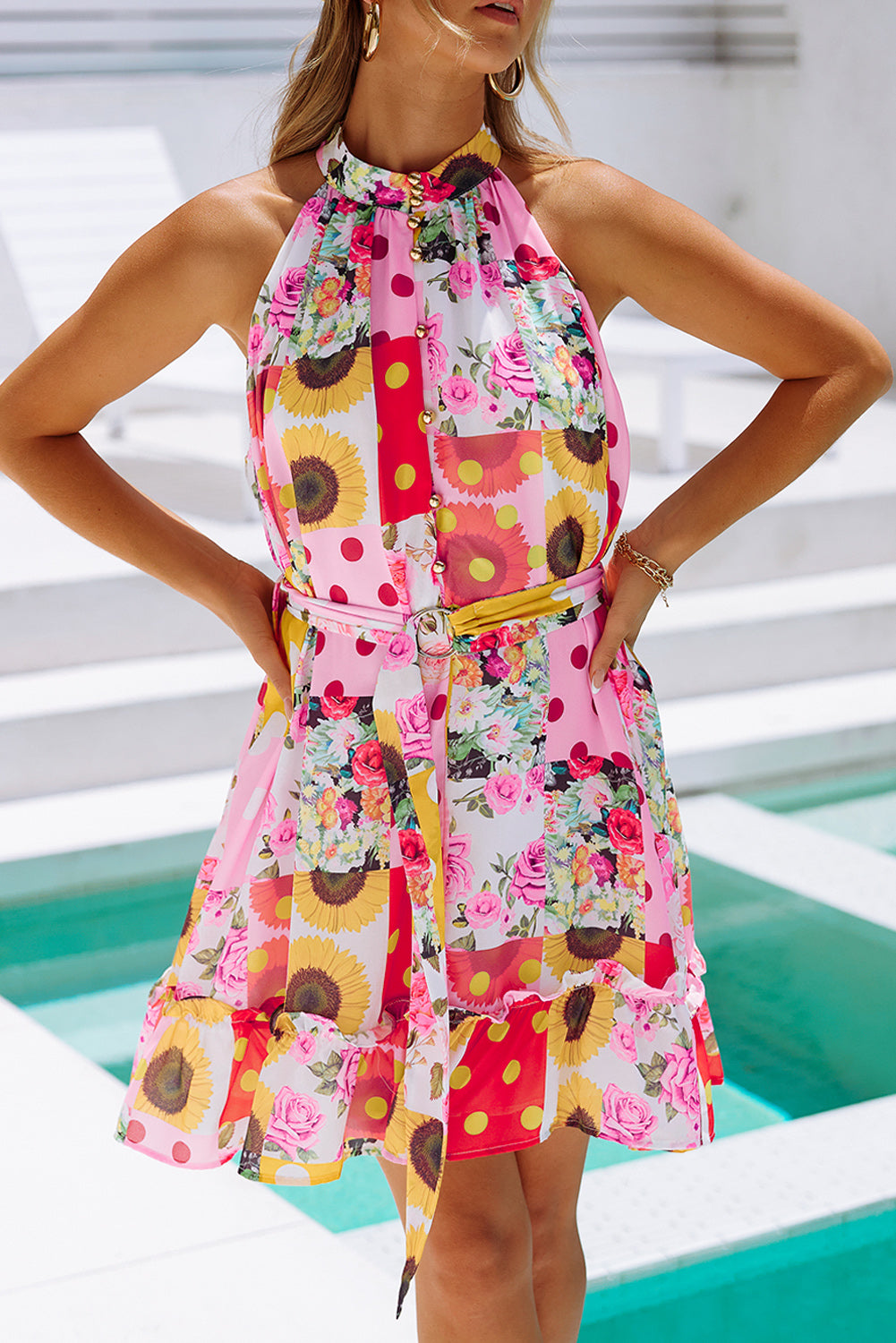 Floral Print Buttoned Waist Belted Sleeveless Flounce Hem Halter Dress