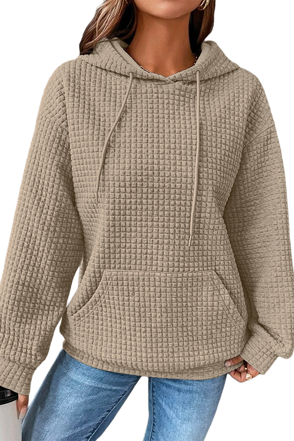 Khaki Lattice Textured Kangaroo Pocket Drawstring Hoodie