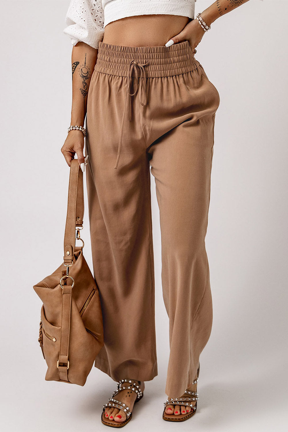Black Casual Drawstring Shirred Elastic Waist Wide Leg Pants
