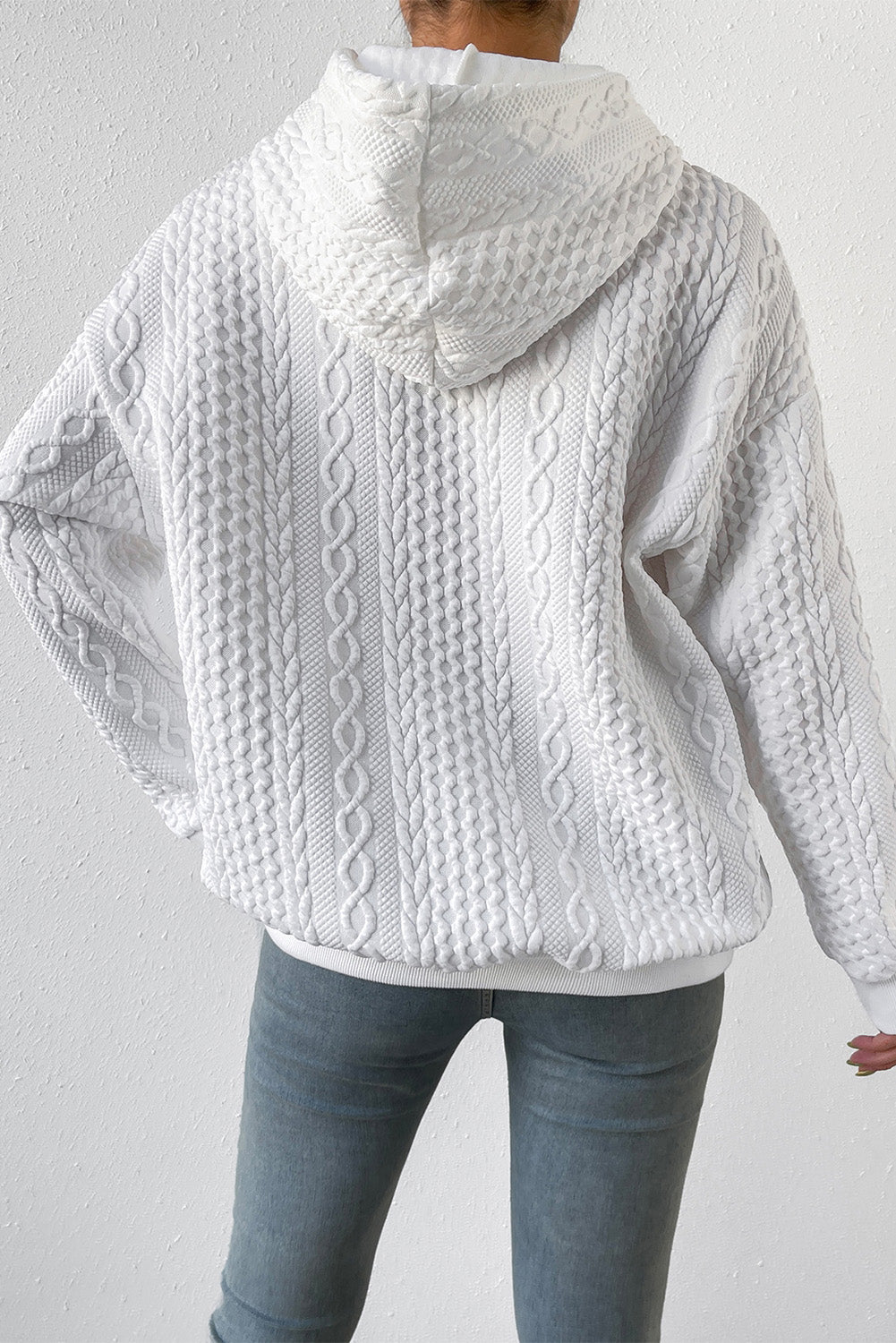 Gray Cable Textured Casual Drawstring Hoodie