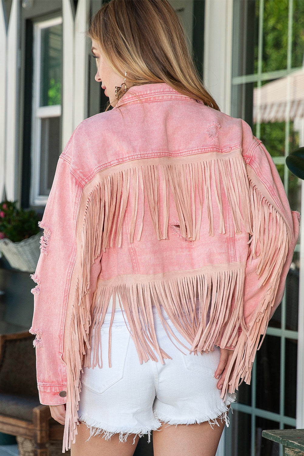 Pink Distressed Ripped Fringe Hem Cropped Denim Jacket