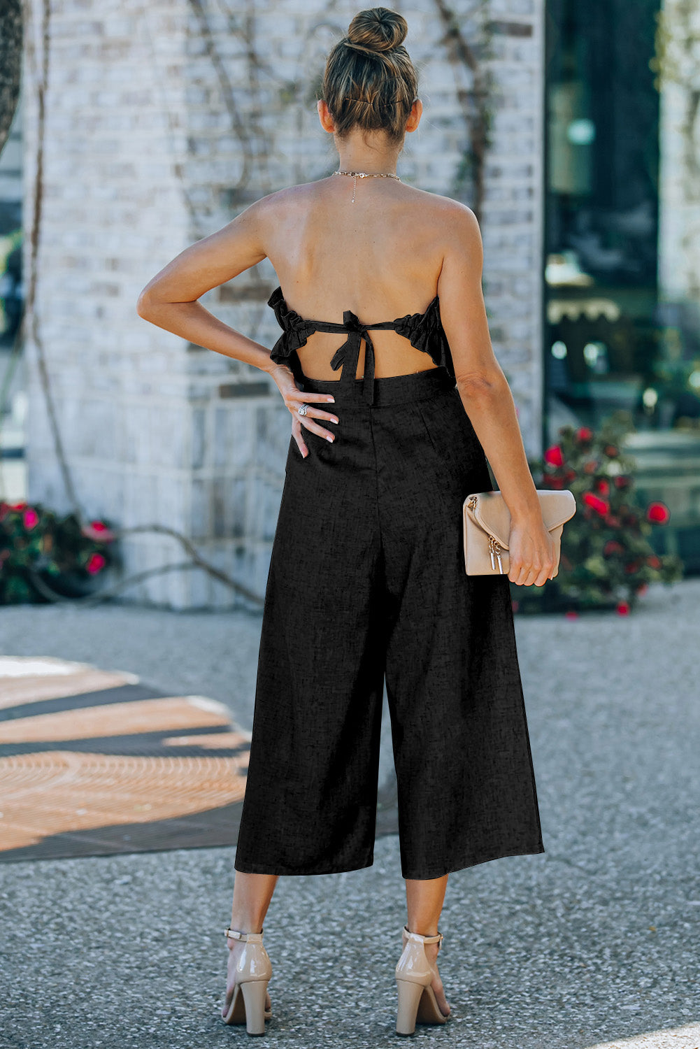 Beige Elegant Ruffled Strapless Wide Leg Jumpsuit