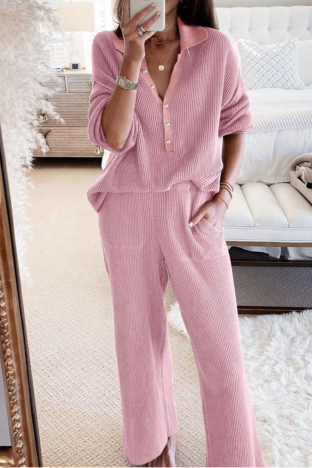 Black Ribbed Henley Shirt and Wide Leg Pants Loungewear Set