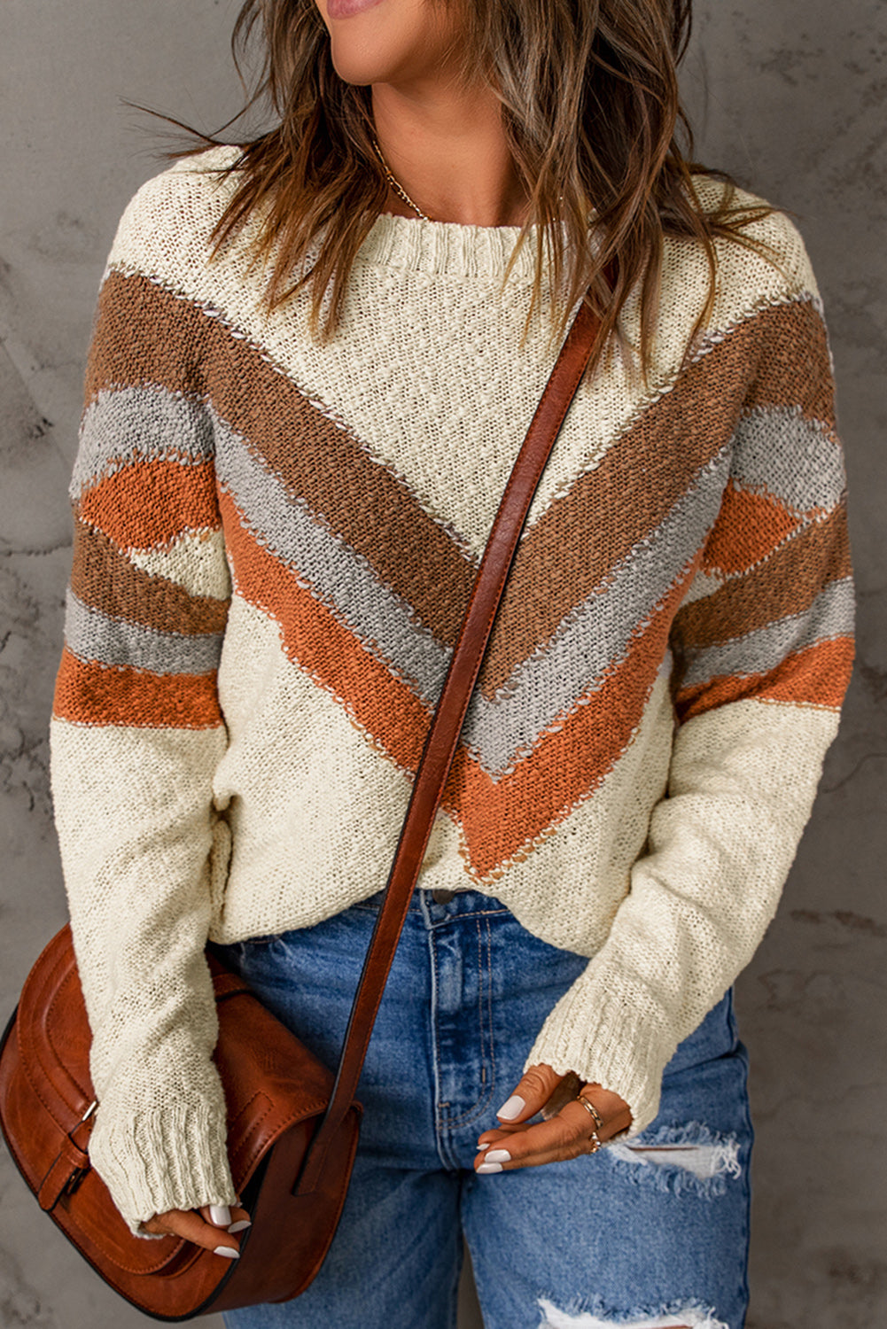 Chevron Striped Drop Shoulder Long Sleeve Pullover Sweater