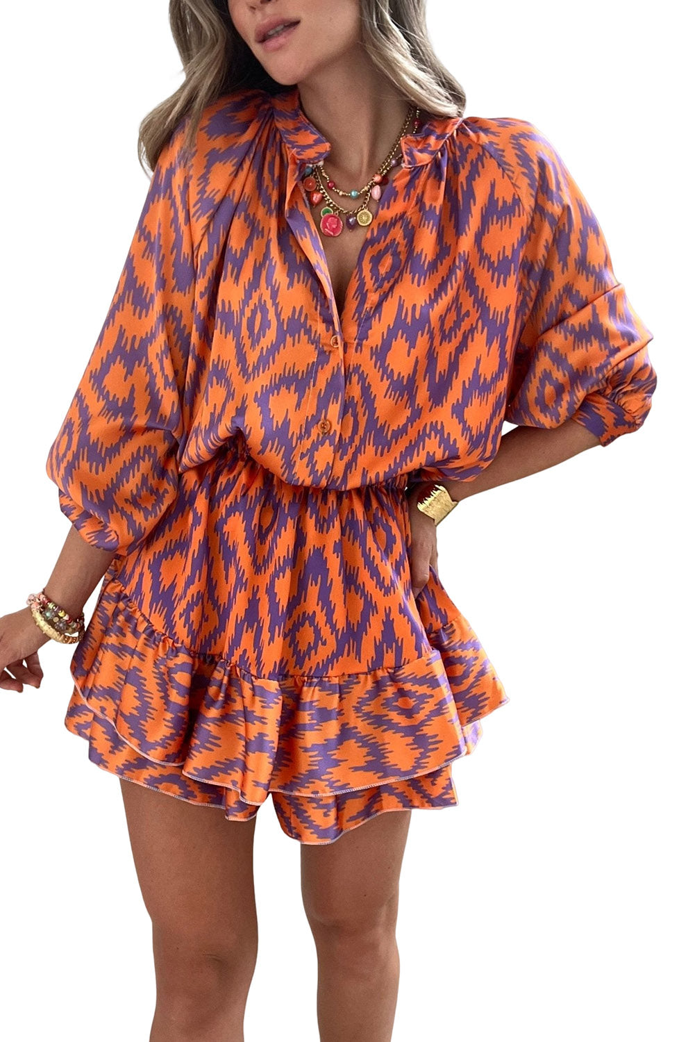 Orange Geometric Bubble Sleeve High Waist Romper