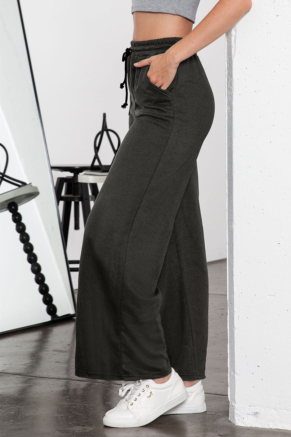 Apricot Mineral Washed Drawstring High Waisted Wide Leg Pants