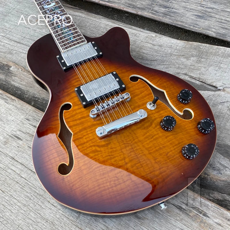 GROTE 12 String F holes Semi Hollow Body Electric Guitar (Sunburst Flamed Maple with Abalone Flower Inlays)
