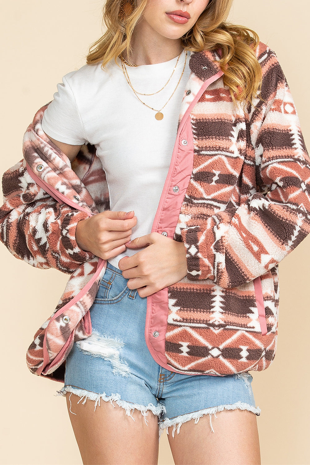 Pink Geometric Colorblock Snap Button Sherpa Jacket