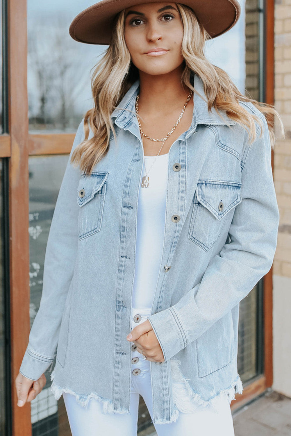 Light Blue Flap Pocket Buttoned Raw Hem Denim Shacket