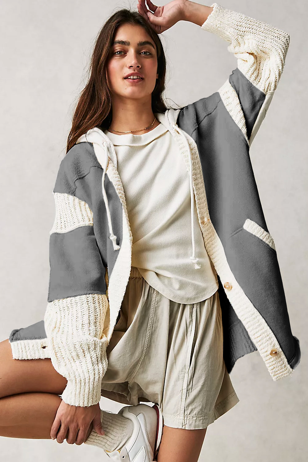 Beige Solid Color Button Down Long Hooded Cardigan