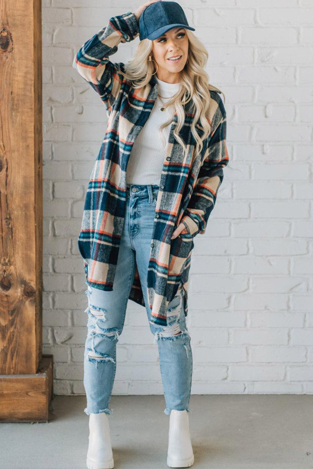 Apricot Plaid Pockets Mid-Length Shacket