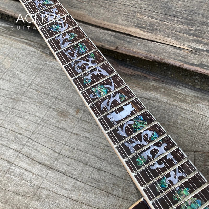 GROTE 12 String F holes Semi Hollow Body Electric Guitar (Sunburst Flamed Maple with Abalone Flower Inlays)