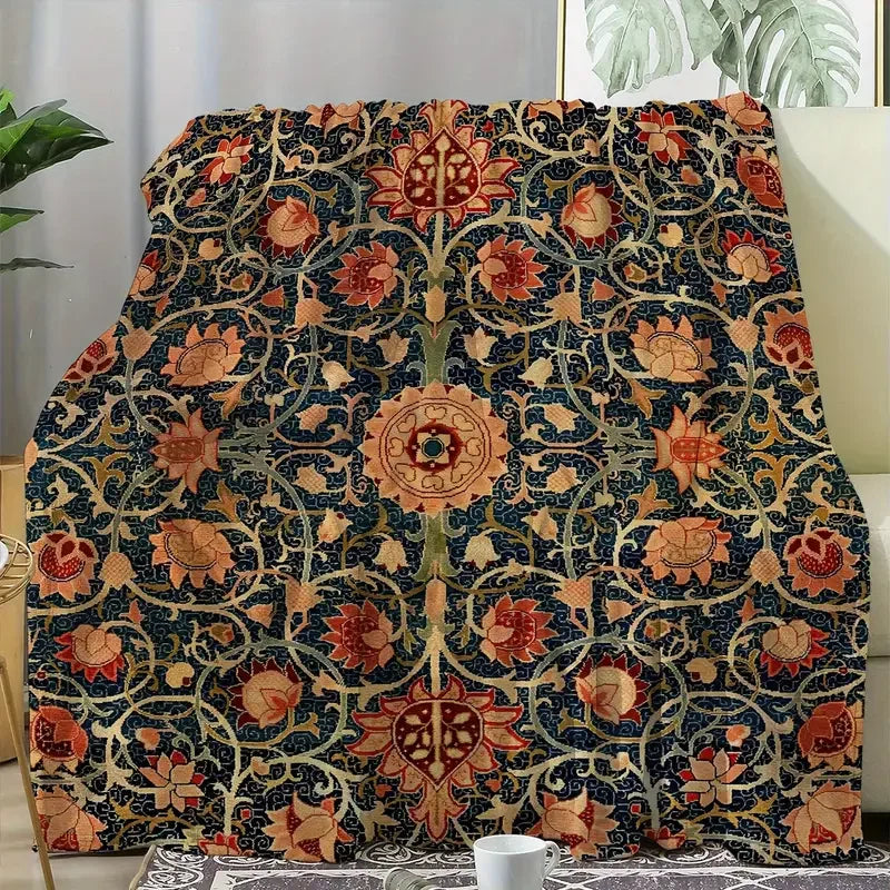 Vintage Green Plant Floral Flannel Blanket