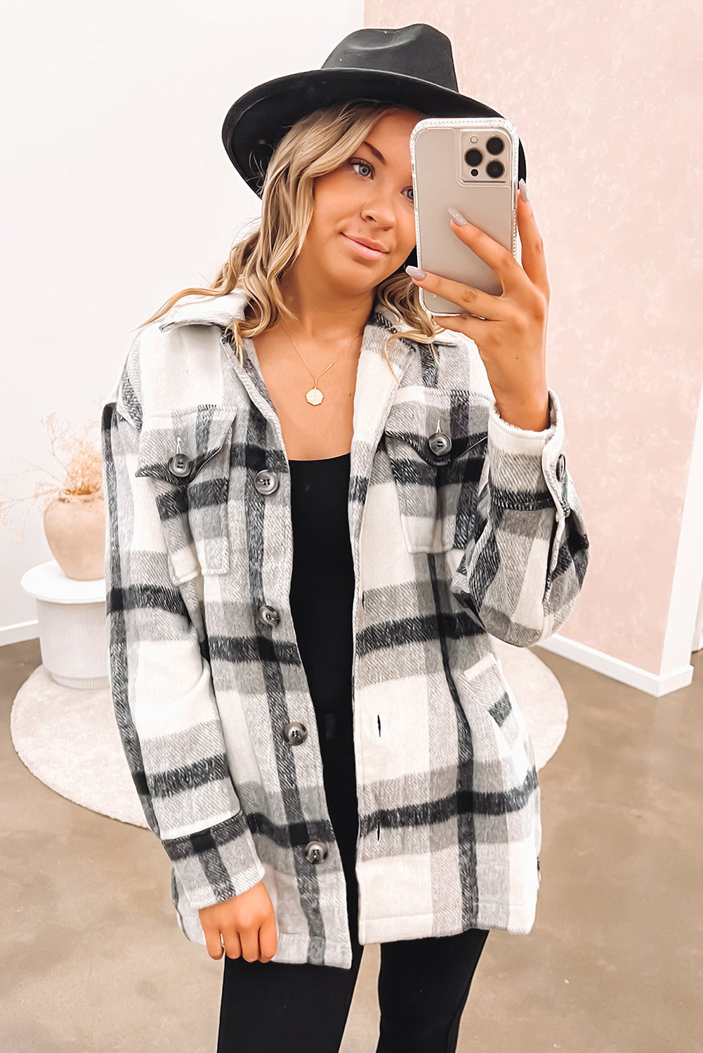 Black Plaid Button-Up Flap Pocket Belted Jacket