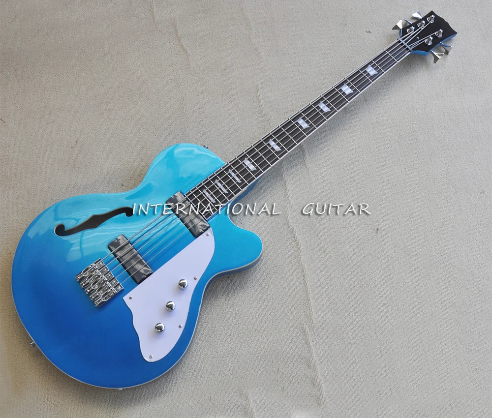 5 Strings Semi Hollow Metal Blue Electric Bass Guitar with Rosewood Fretboard,22 Frets