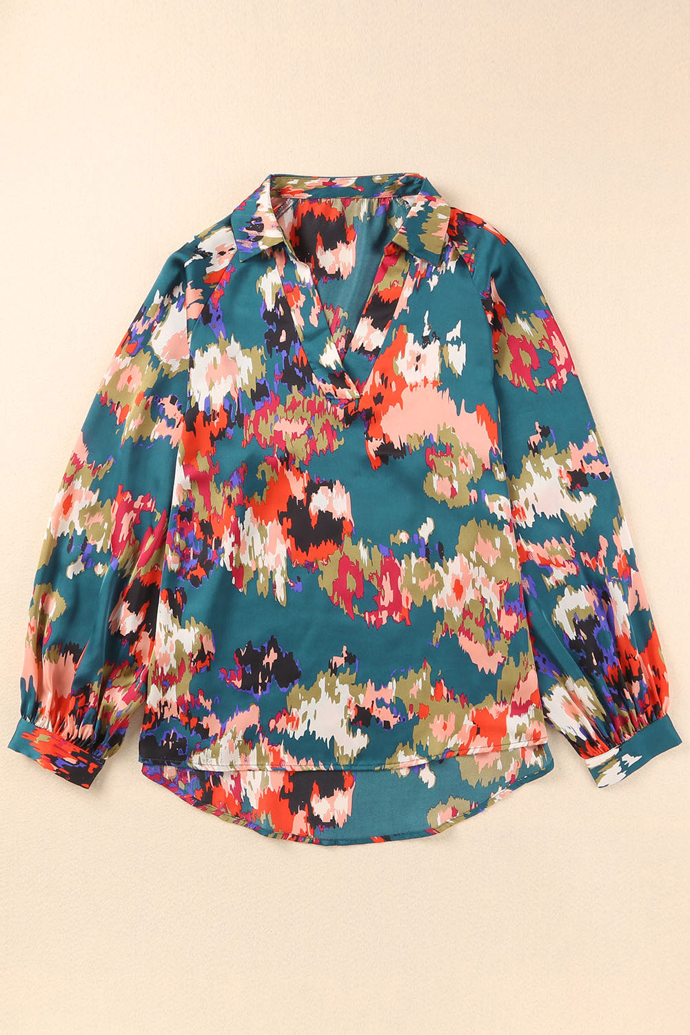 Green Graffiti Colorblock Casual V Neck Puff Sleeve Blouse