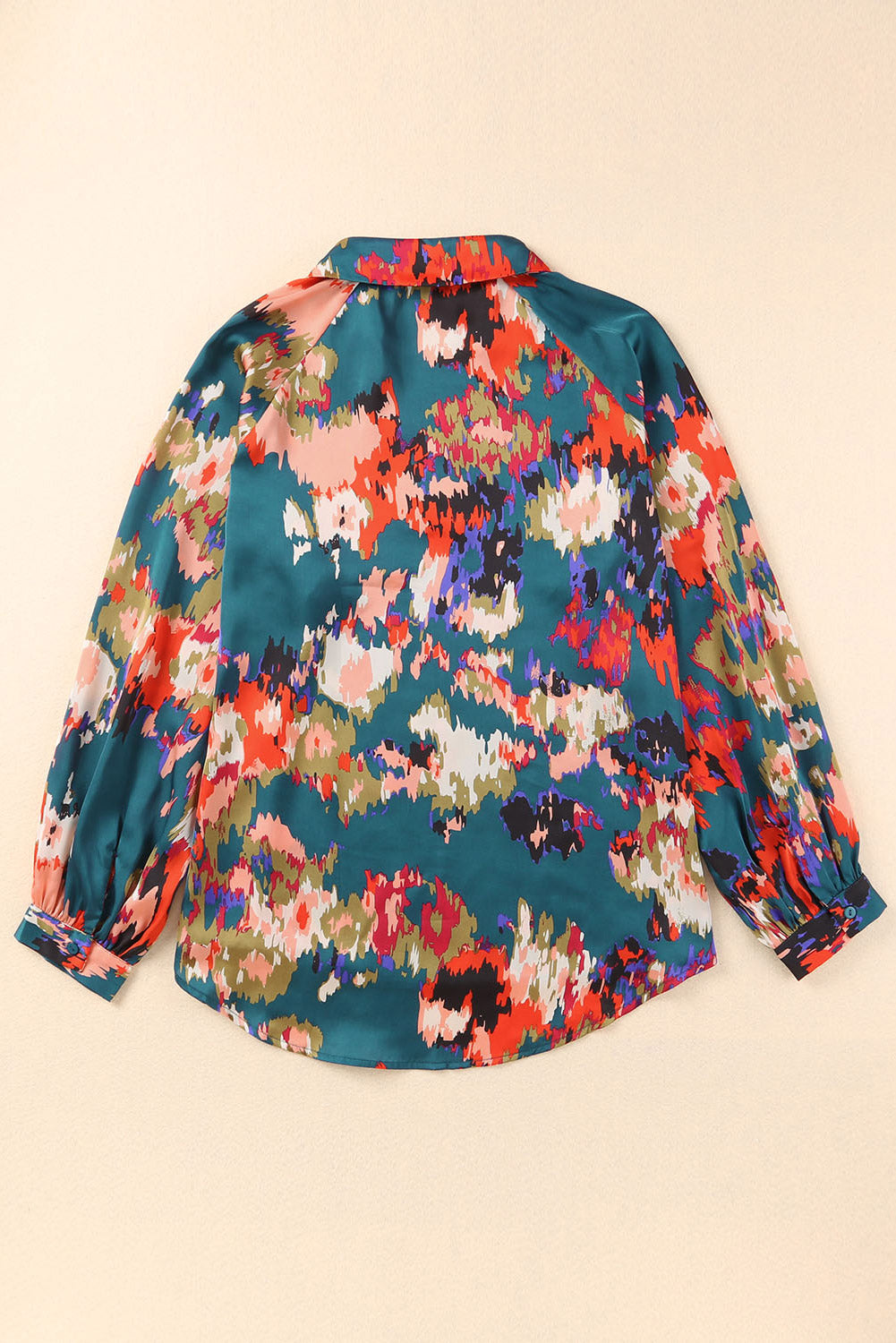 Green Graffiti Colorblock Casual V Neck Puff Sleeve Blouse