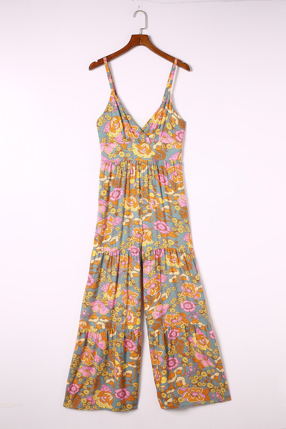Sky Blue Floral Adjustable Straps Tiered Wide Leg Jumpsuit