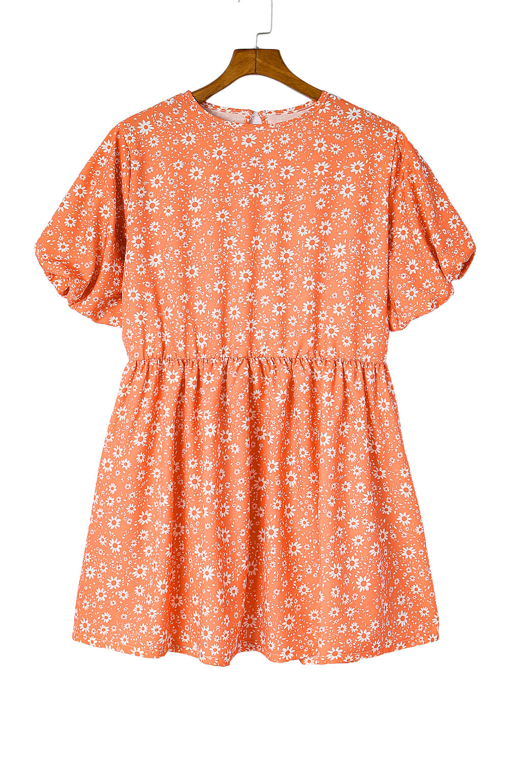 Orange Floral Boho Bishop Sleeve Short Dress