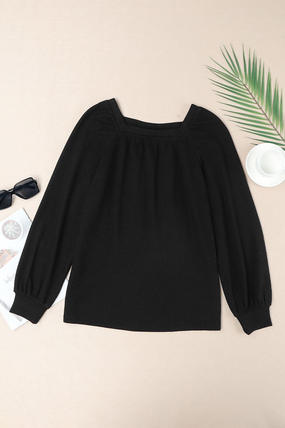 Pink Waffle Texture Casual Square Neck Pullover Top