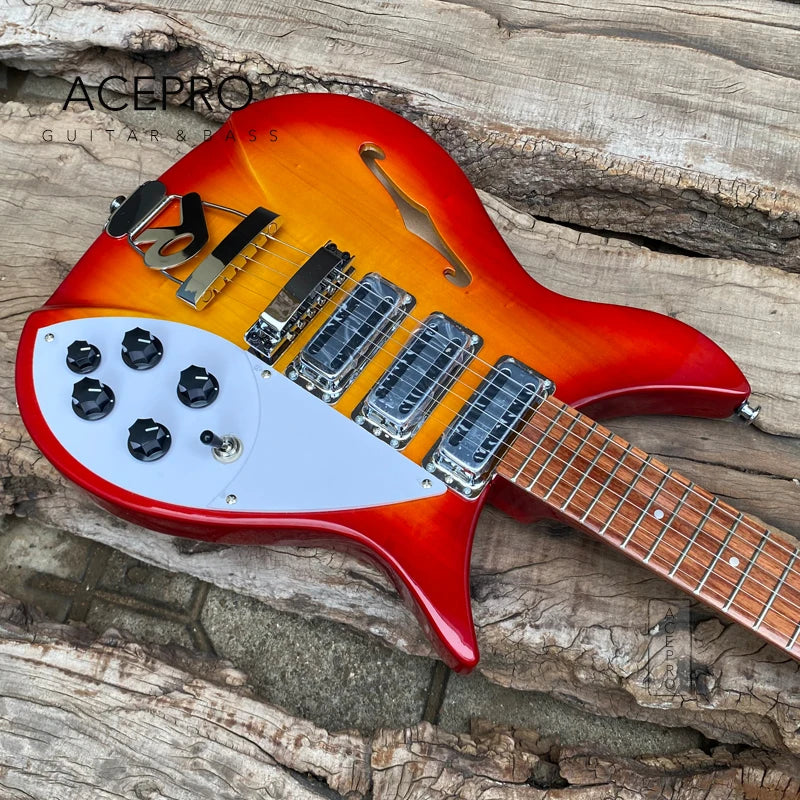 325 F hole Semi Hollow Body Electric Guitar Cherry Burst Three Mini Humbuckers, 20.75" Scale Length, Tailpiece Bridge