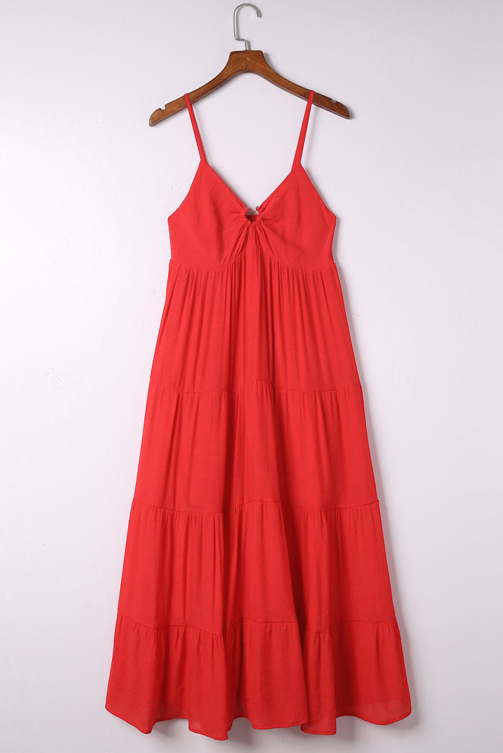 Red O-ring Smocked Back Spaghetti Straps Tiered Boho Dress