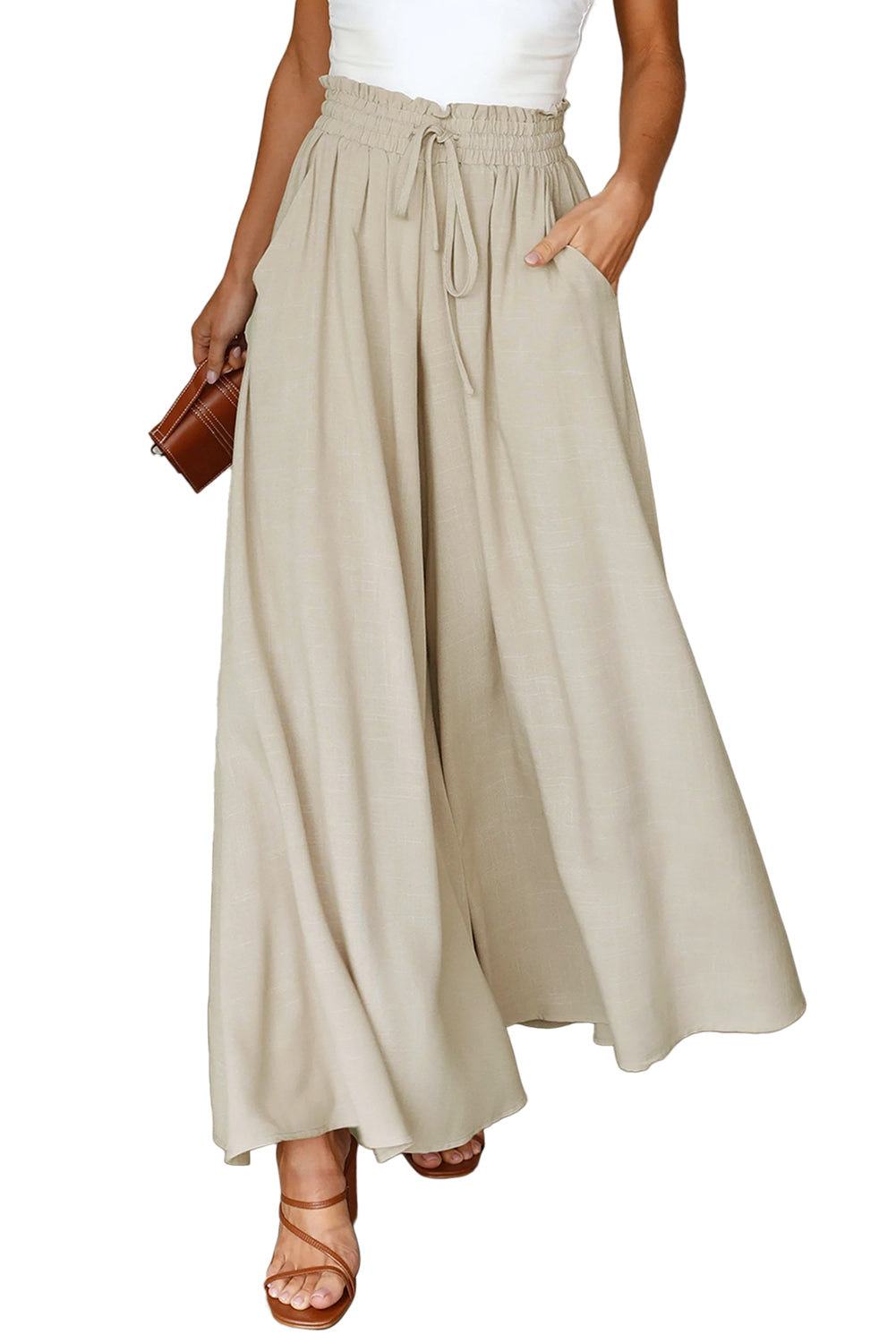 Beige Drawstring Smocked High Waist Wide Leg Pants