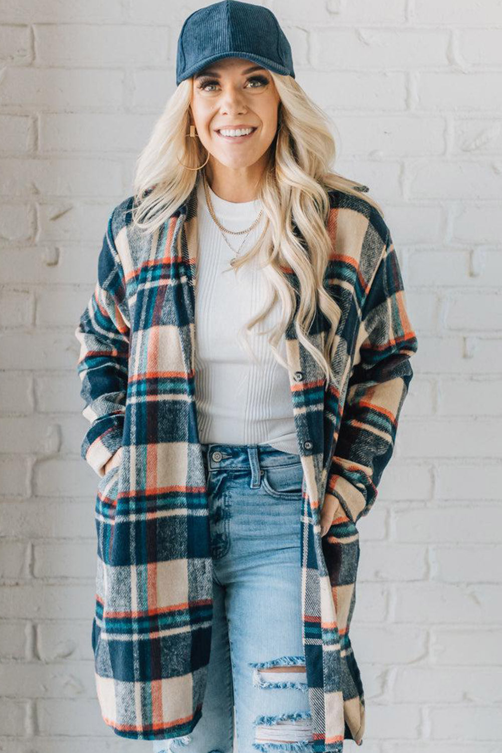 Apricot Plaid Pockets Mid-Length Shacket