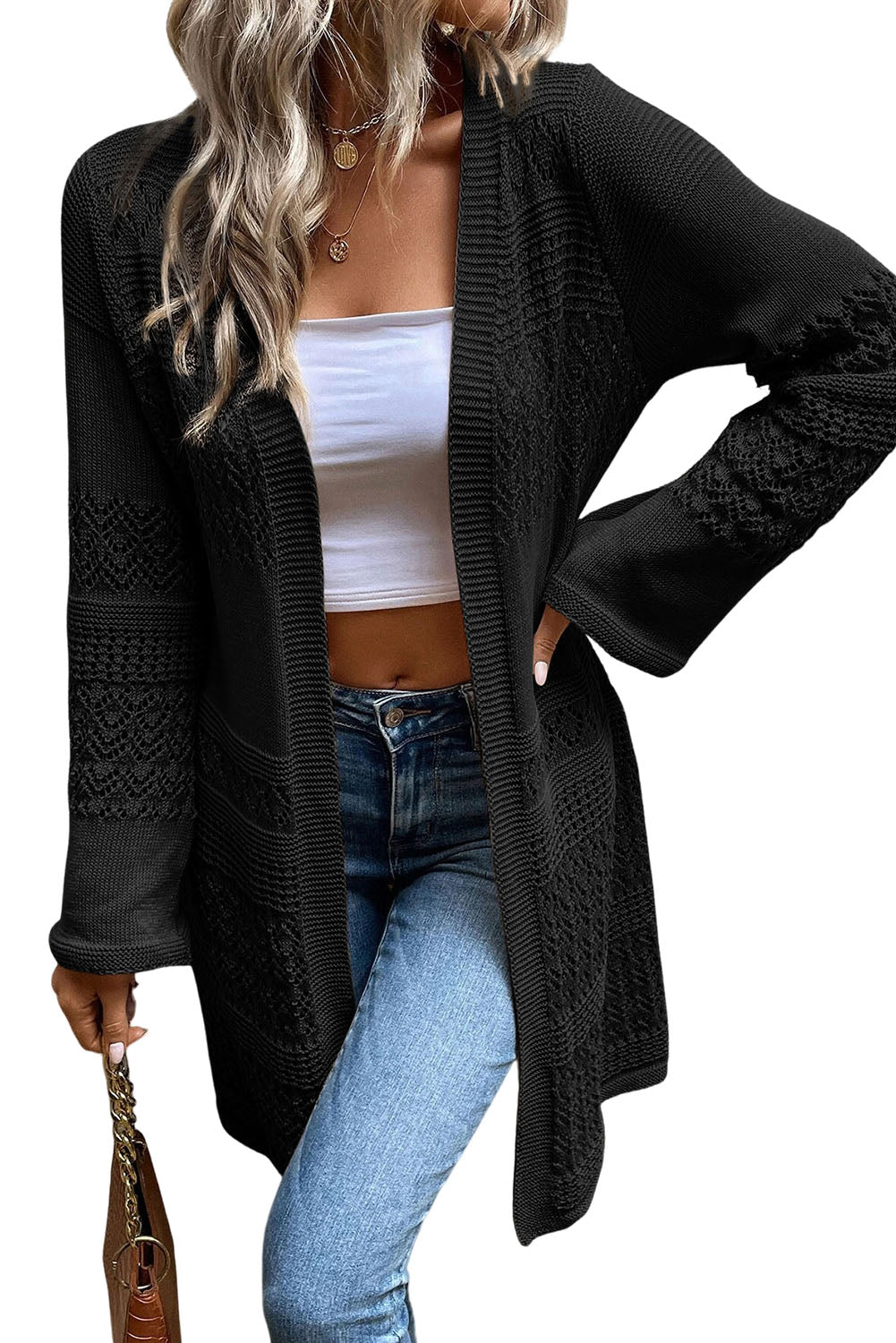 Black Pointelle Knit Open Front Long Cardigan