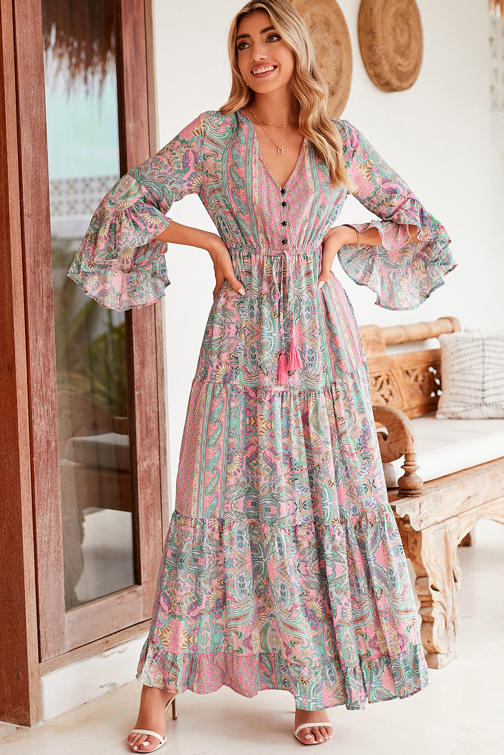 Green Paisley Print Boho Ruffle Trim Tied Maxi Dress