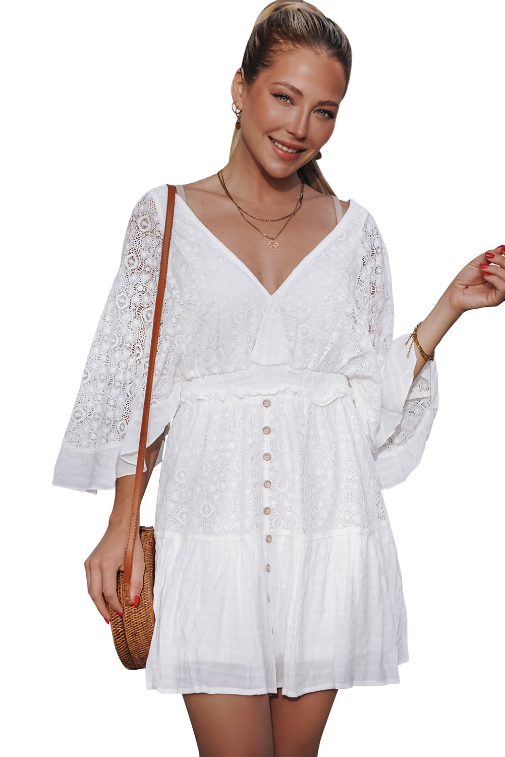 White V Neck Flutter Sleeve Short Crochet Lace Dress