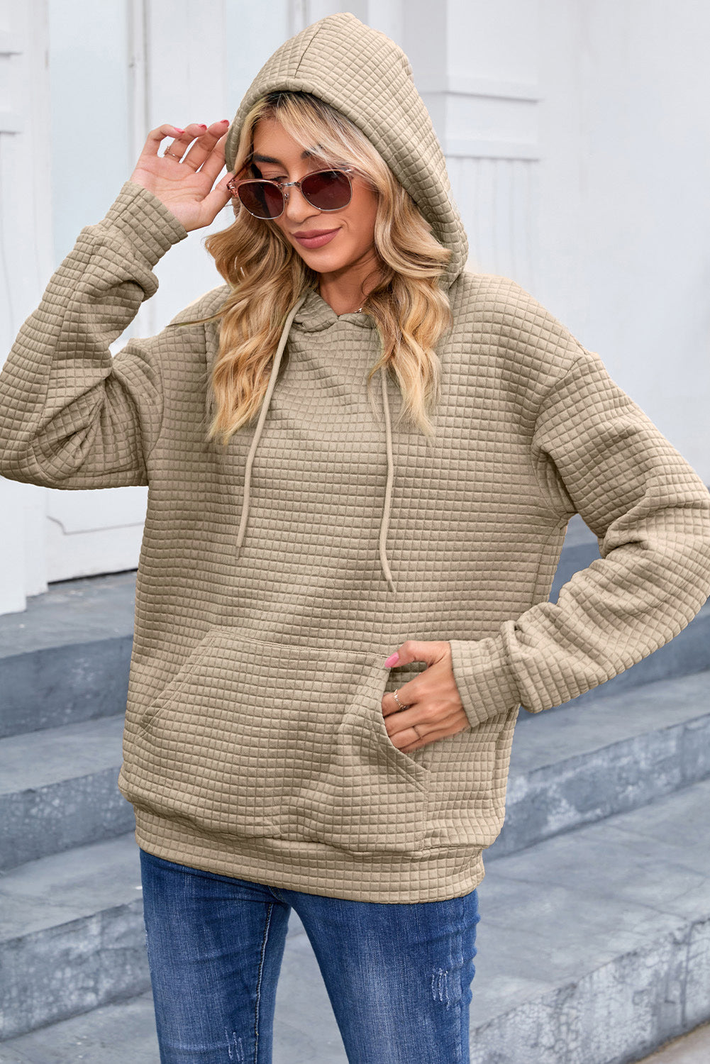 Khaki Lattice Textured Kangaroo Pocket Drawstring Hoodie