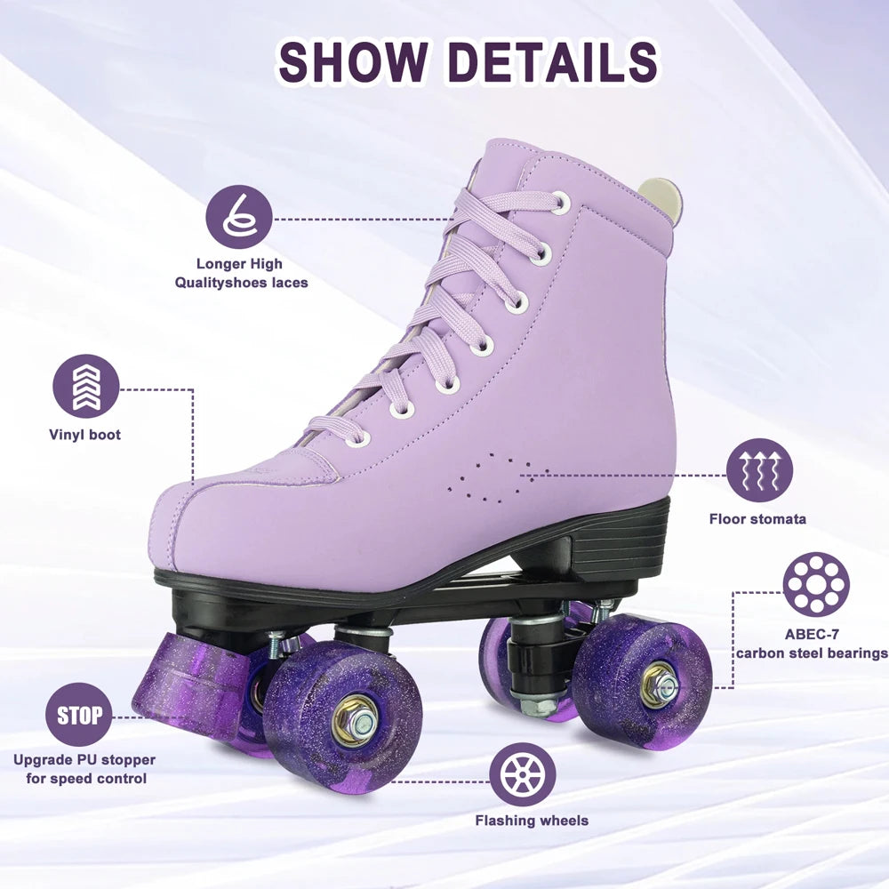 Women's Purple PU Leather Quad Roller Skates with LED Wheels