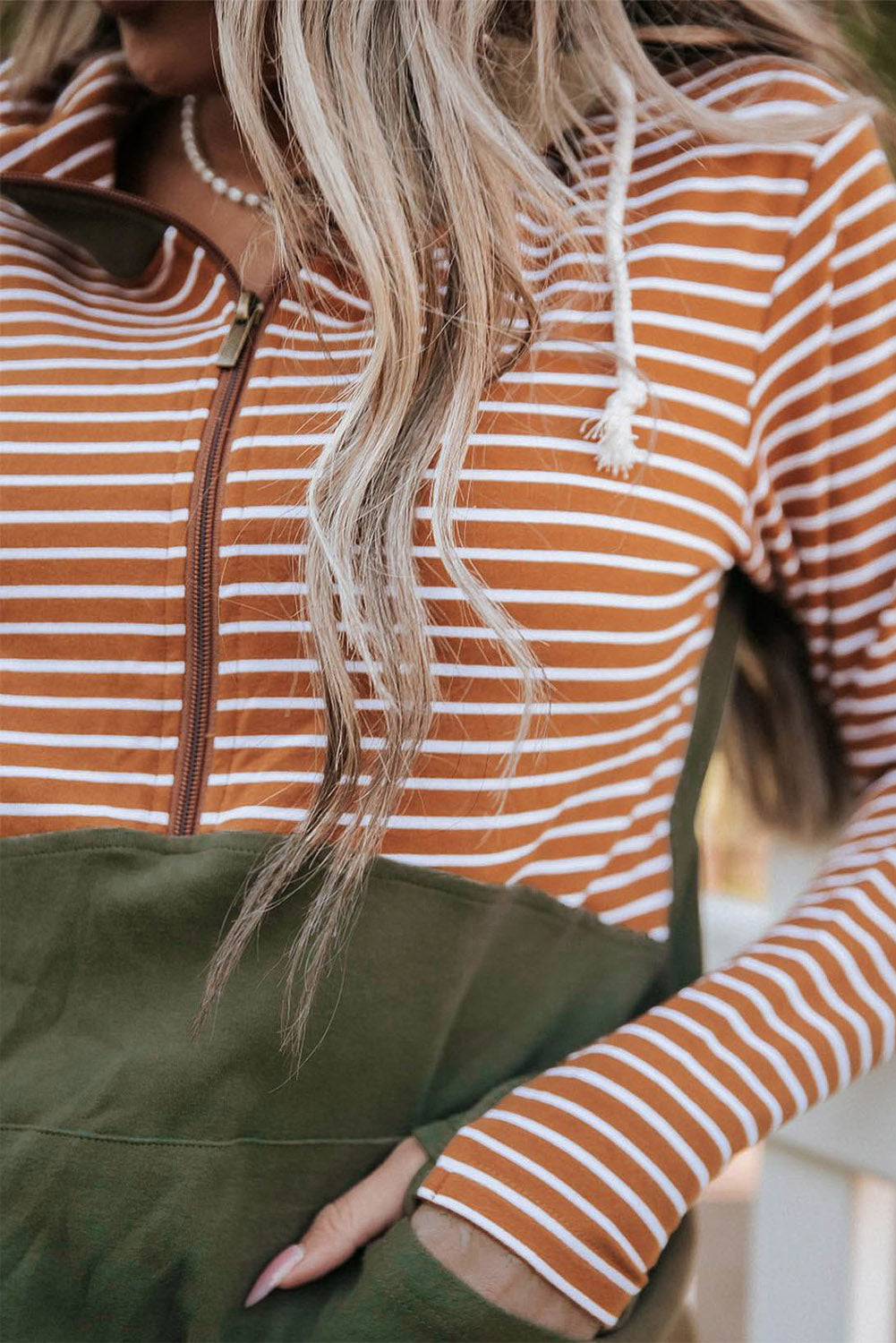 Orange Striped Patchwork Kangaroo Pocket Thumbhole Sleeve Hoodie