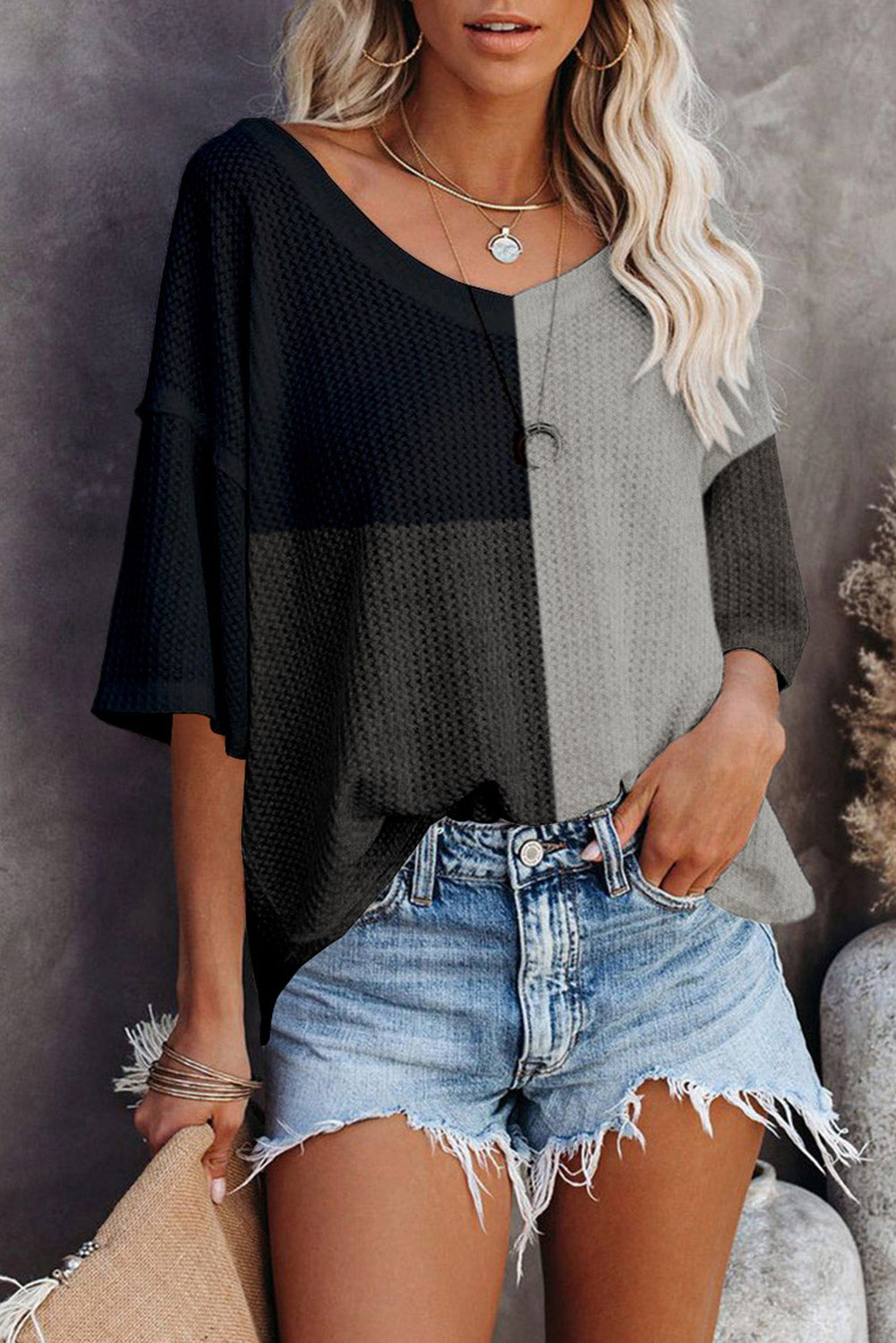 Multicolor Waffle Colorblock Long Sleeve Oversized Top