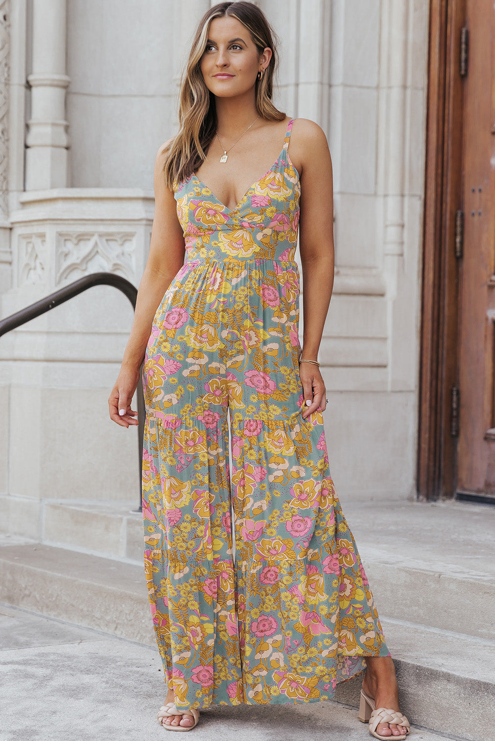 Sky Blue Floral Adjustable Straps Tiered Wide Leg Jumpsuit