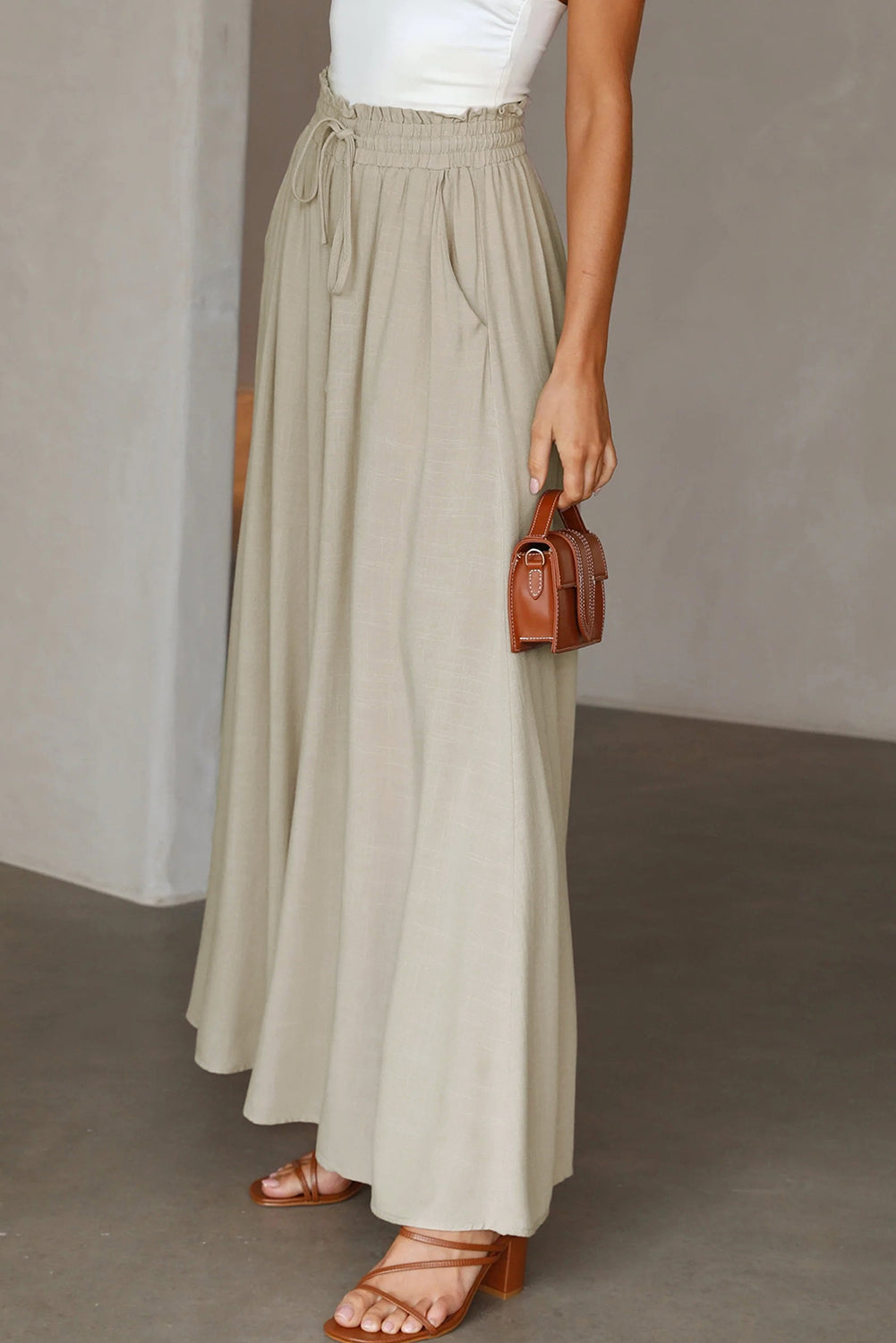 Beige Drawstring Smocked High Waist Wide Leg Pants