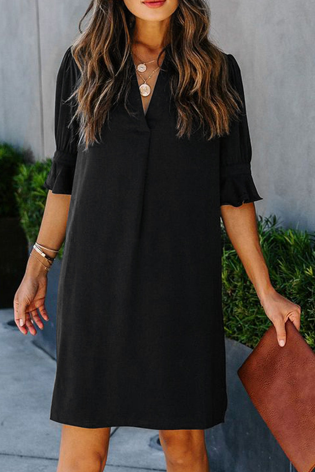 Navy Blue Split V Neck Short Sleeve Tunic Dress