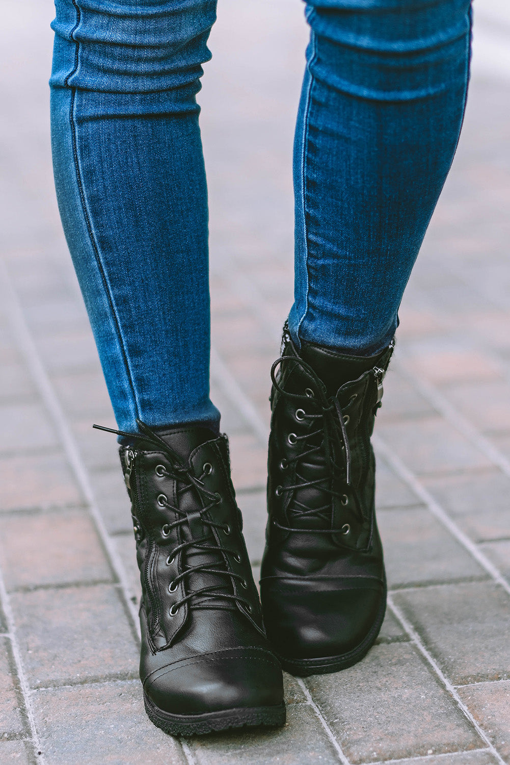 Black Quilted Zipped Lace-up PU Leather Boots