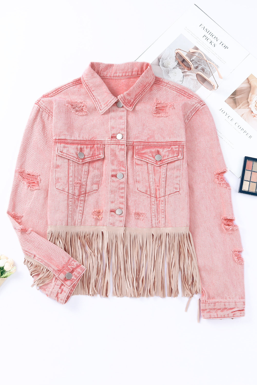 Pink Distressed Ripped Fringe Hem Cropped Denim Jacket