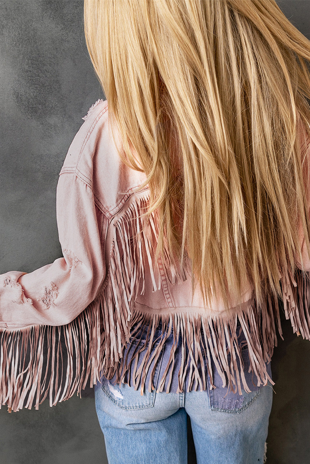 Pink Distressed Ripped Fringe Hem Cropped Denim Jacket